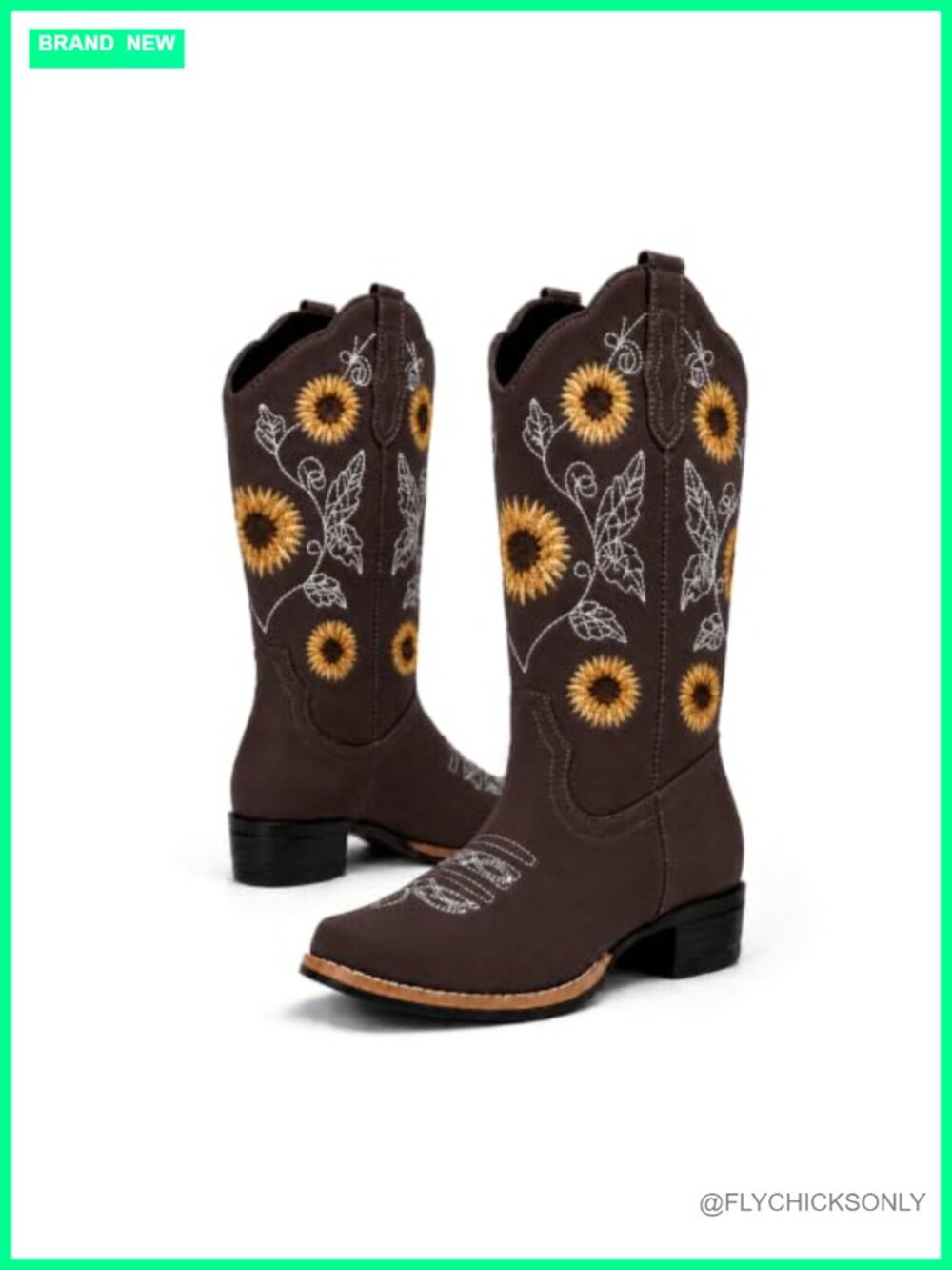 Sunflower Embroidered Cowboy Boots Square Toe Mid Calf Low Heel Western Boots